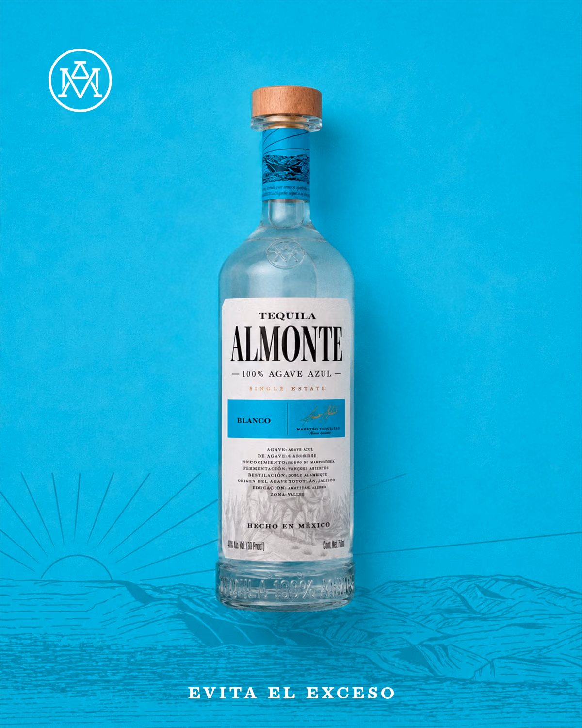 Bottle of Almonte Blanco against a turquoise background. Drink responsibly.