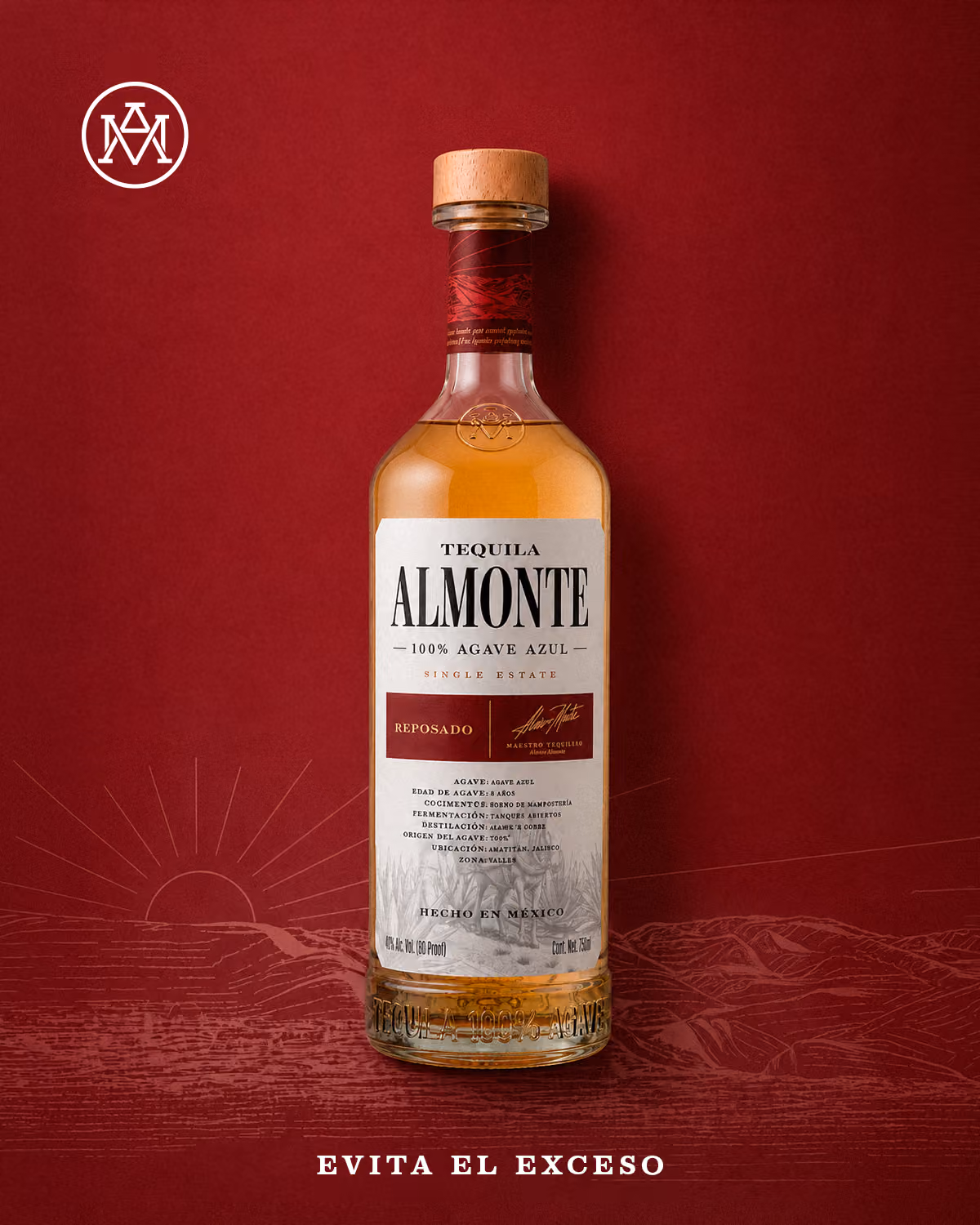 Bottle of Almonte Reposado against a red background. Drink responsibly.
