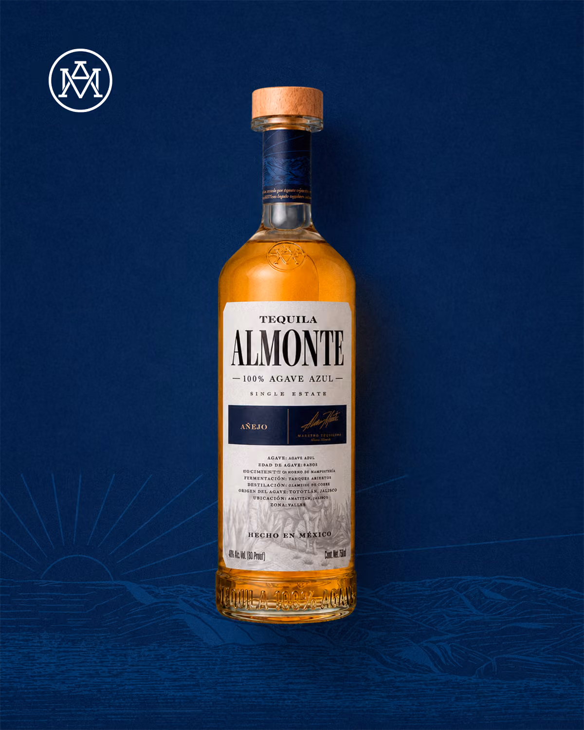 Bottle of Almonte Añejo against a dark blue background. Drink responsibly.