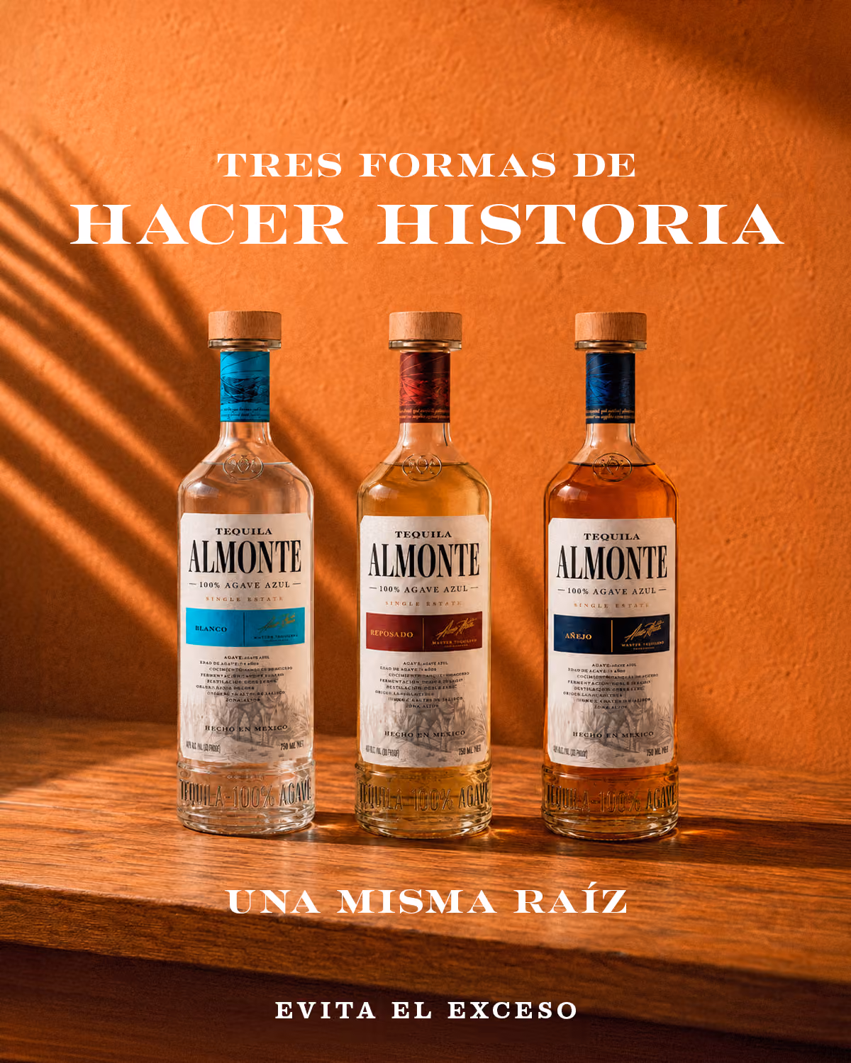 Bottles of Almonte Blanco, Reposado and Añejo: three ways to make history, one shared root.